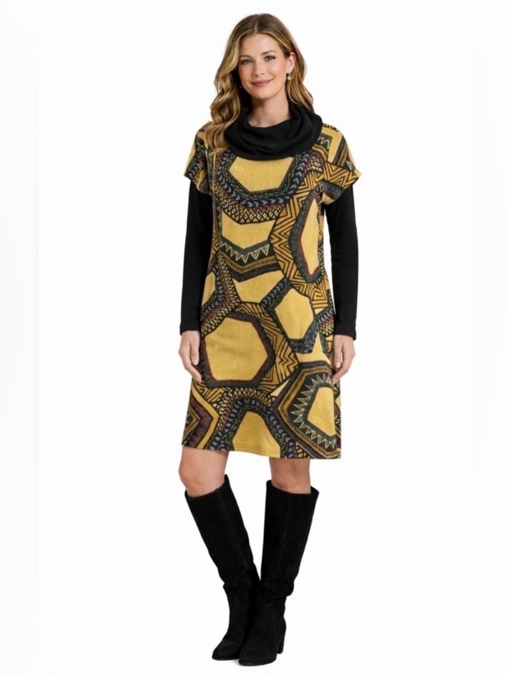 Addie Geo Print Cowl Neck Layered Sweater Dress Tunic L